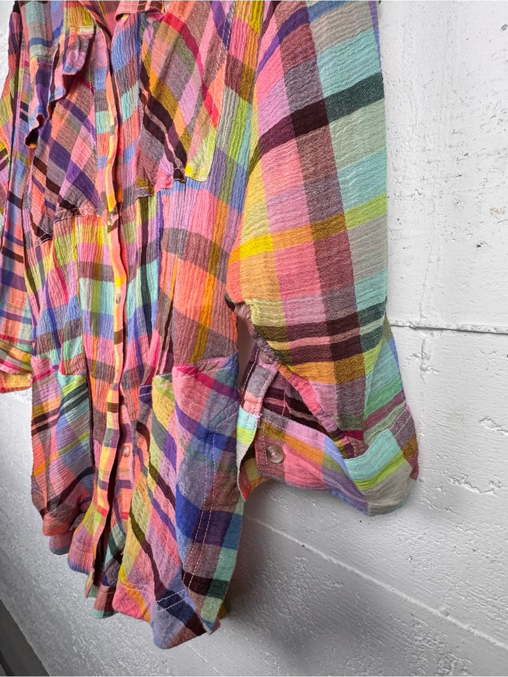 Pilcro Long-Sleeve Mixed Madras Plaid Oversized Buttondown Shirt Medium - Picture 3 of 12